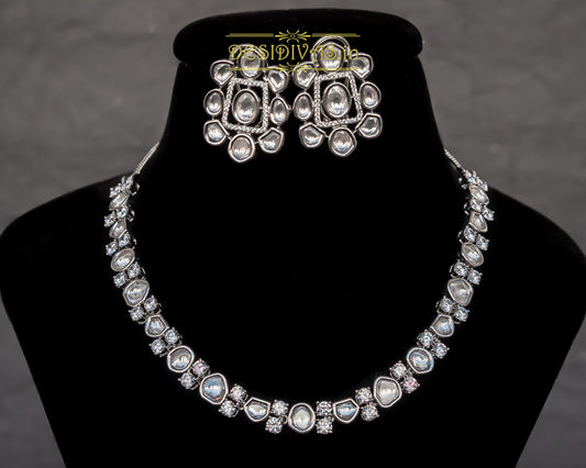 ''Lillette'' Kundan Polki Rhodium Plated Necklace Set