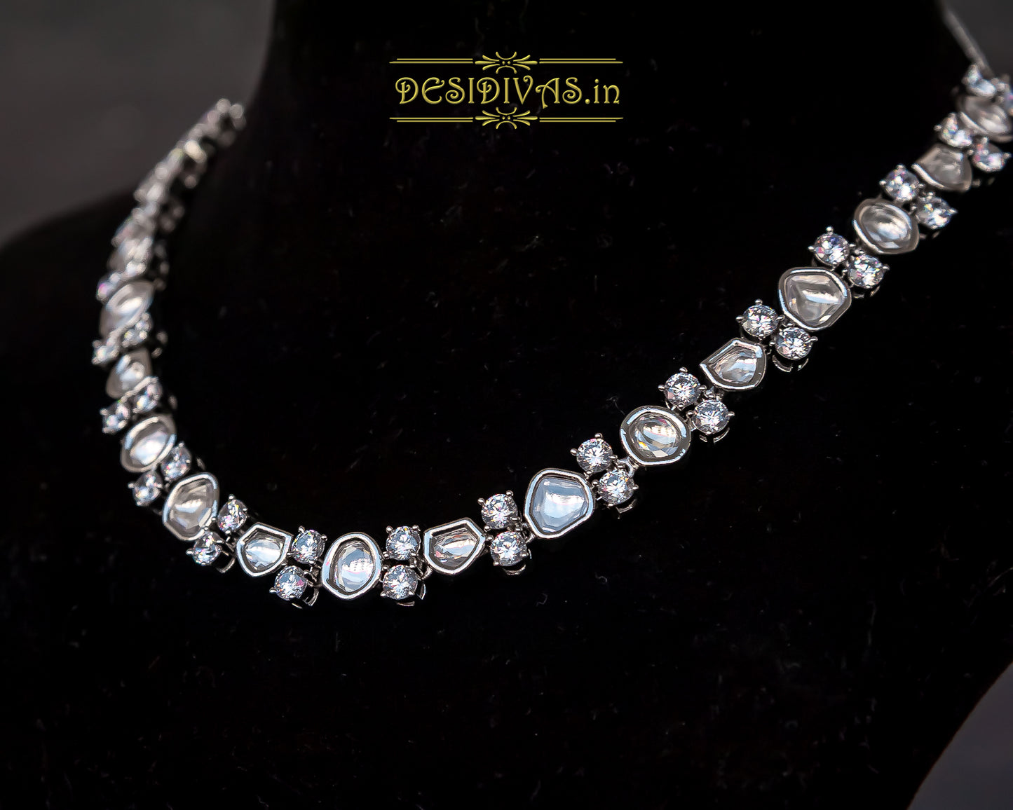 ''Lillette'' Kundan Polki Rhodium Plated Necklace Set