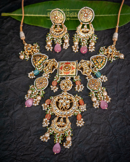 Ethnic Style Kundan Gold Plated Meenakari Chokar Necklace Set