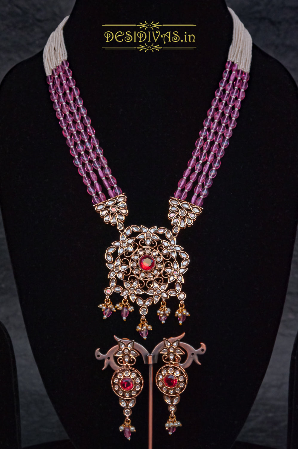 Elegant Polki Kundan Long Necklace Set with Pink Stones