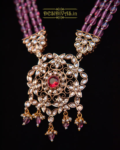 Elegant Polki Kundan Long Necklace Set with Pink Stones