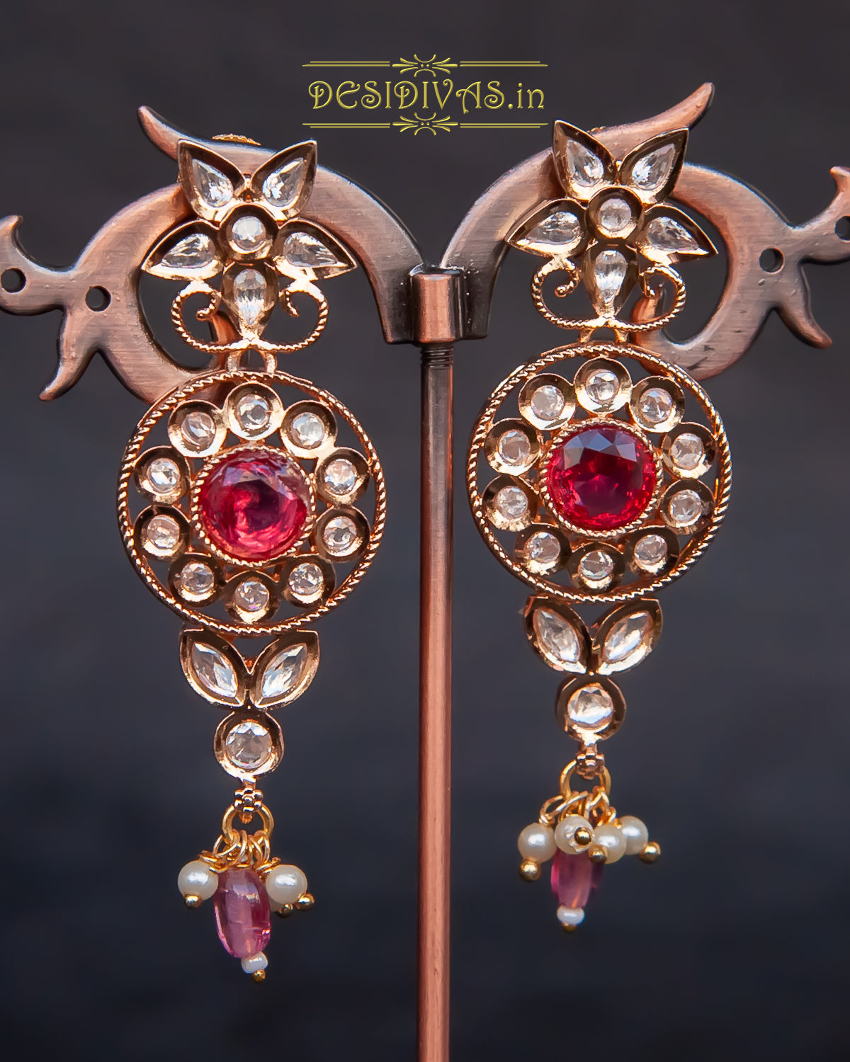 Elegant Polki Kundan Long Necklace Set with Pink Stones