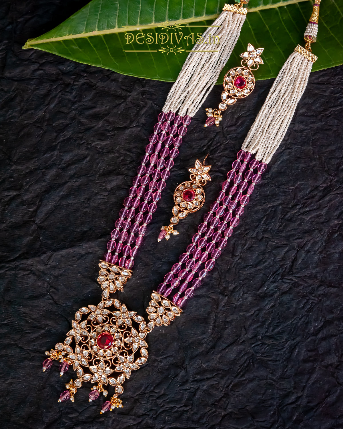 Elegant Polki Kundan Long Necklace Set with Pink Stones