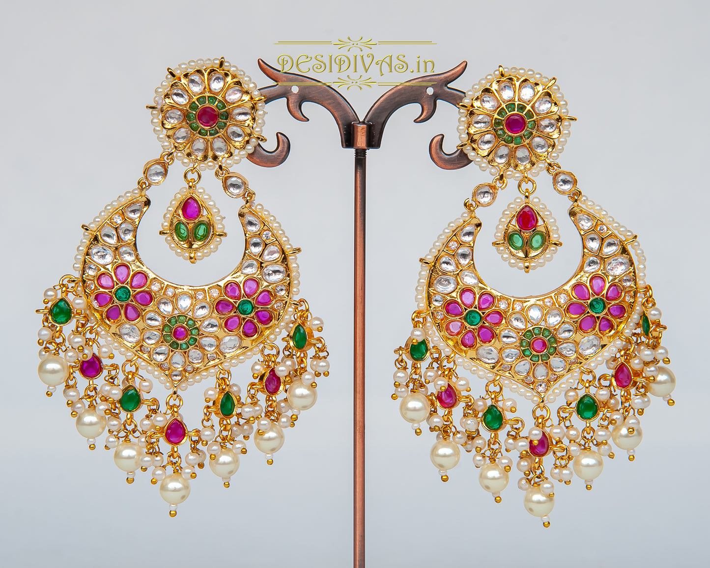 ''CHAND-POLKI'' Dazzling Gold Plated  Moissanite Chandbali Earrings