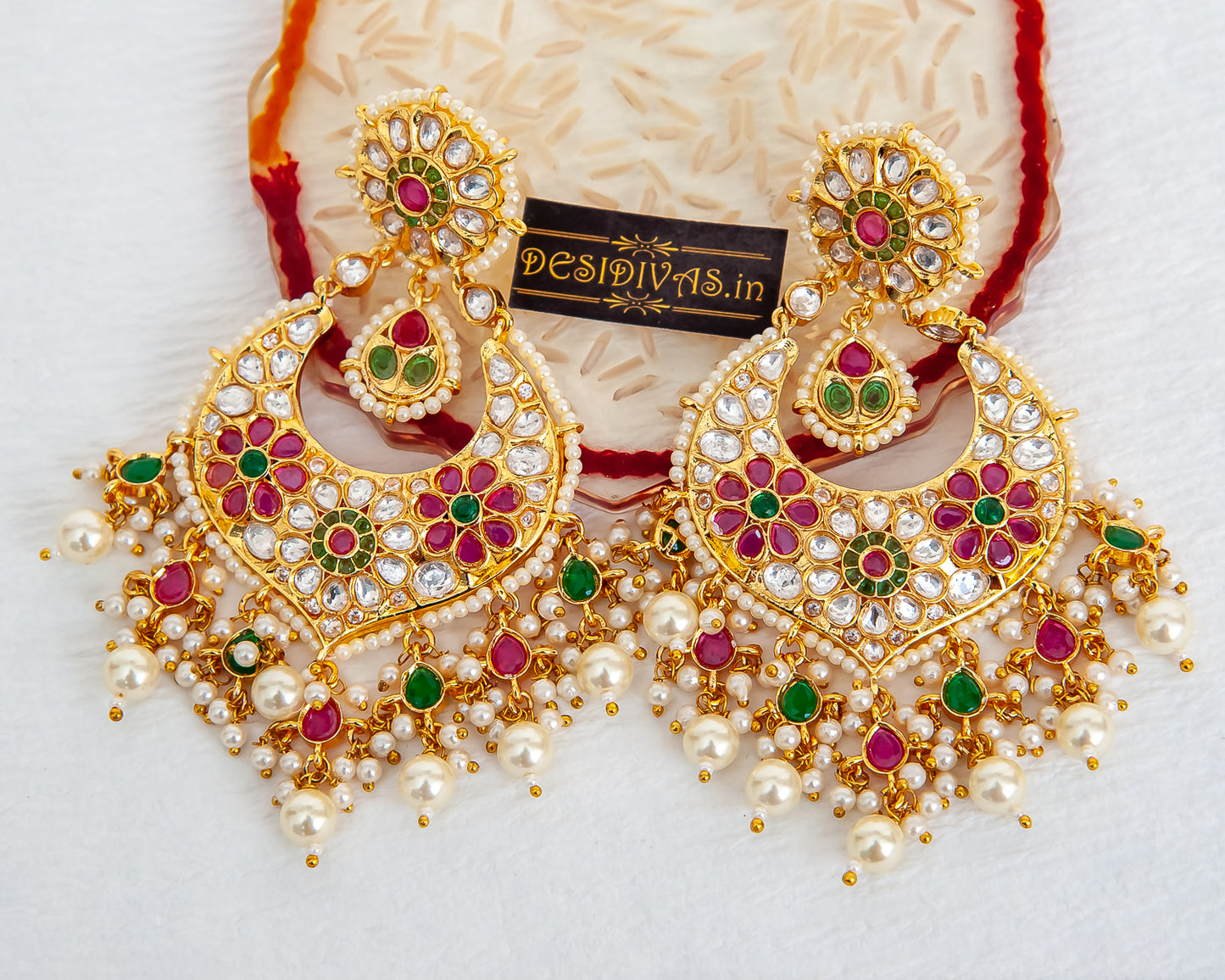 ''CHAND-POLKI'' Dazzling Gold Plated  Moissanite Chandbali Earrings