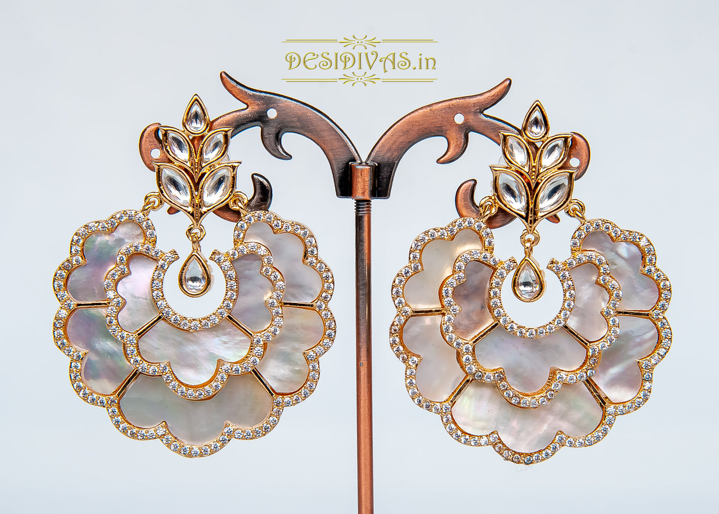 ''Chandni'' Sparkling Gold Toned Mop And CZ Sudded Flower Stud Earrings