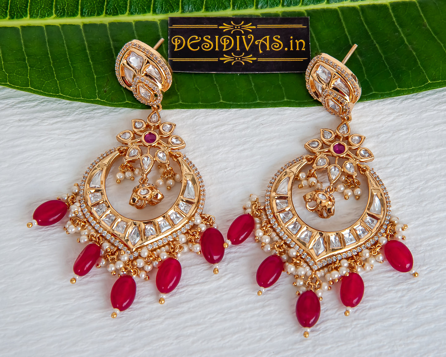 ''CHAND-POLKI'' Dazzling Gold Plated  Moissanite Chandbali Earrings