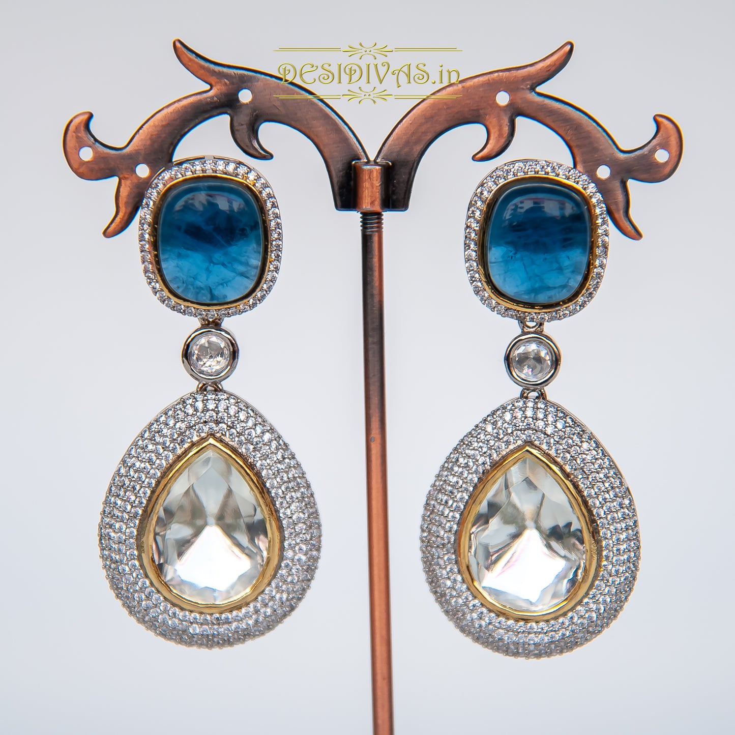 Dazzling Fusion Two Tone Plated CZ Kundan Dangler Earrings