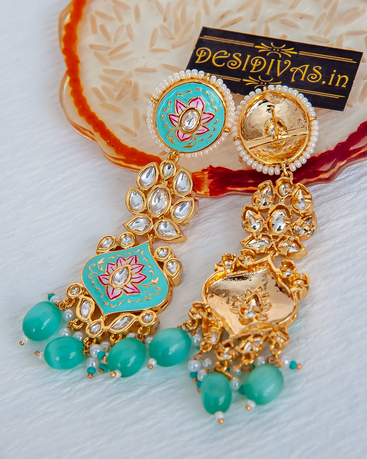 ''FEROSHAA'' Kundan Polki  Mint Meena Gold Plated Dangler Earrings