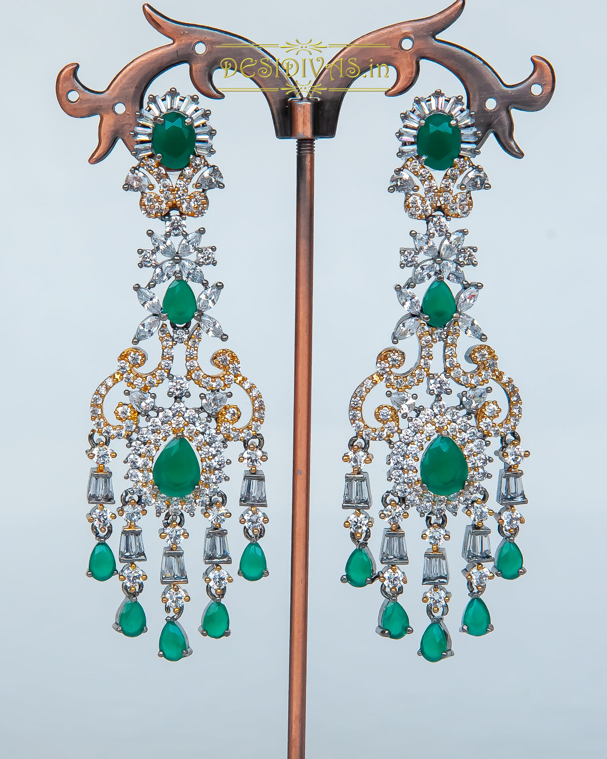 Two-Tone American Diamond Dangler Earrings with Emerald