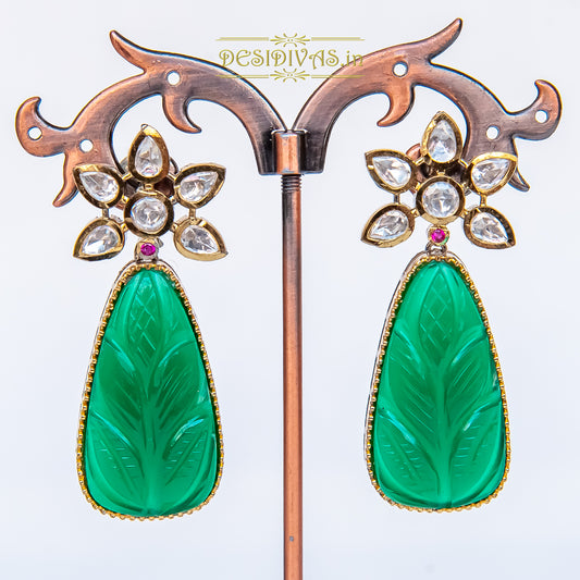 Dazzling Fusion Two Tone Plated Polki Emrald Dangler Earrings