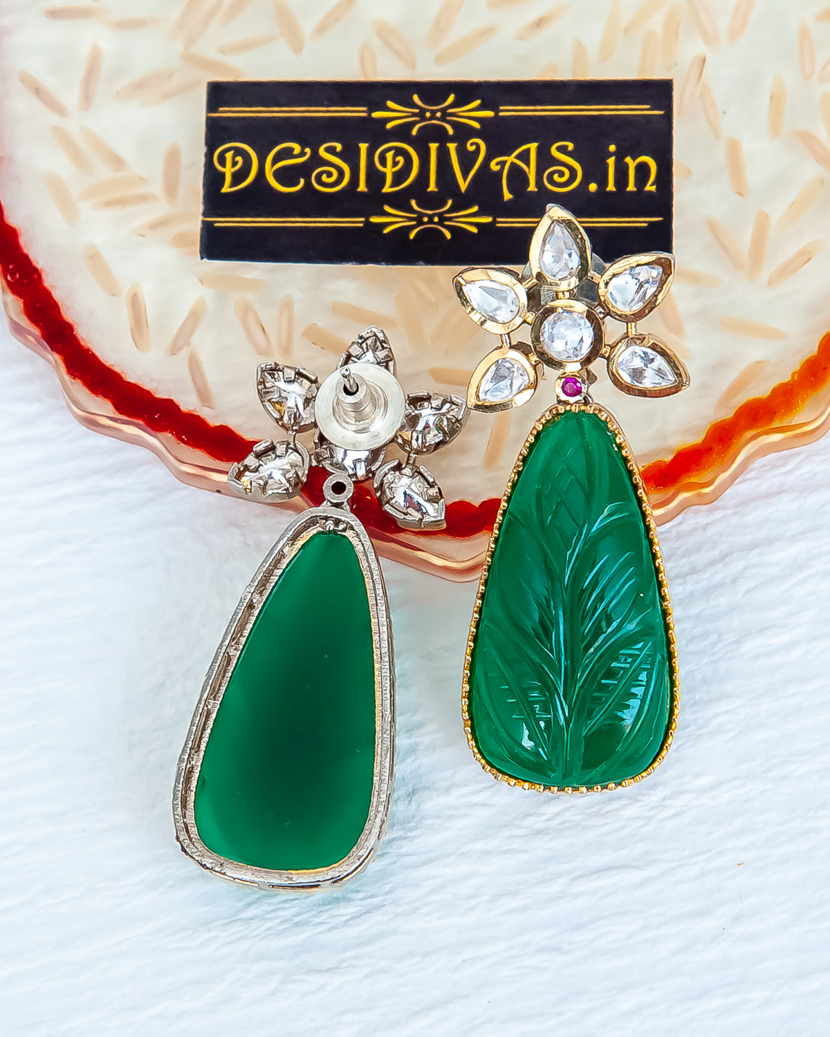 Dazzling Fusion Two Tone Plated Polki Emrald Dangler Earrings