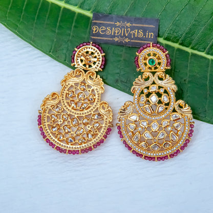 ''CHAND-POLKI'' Dazzling Gold Plated Kundan Polki Chandbali Earrings