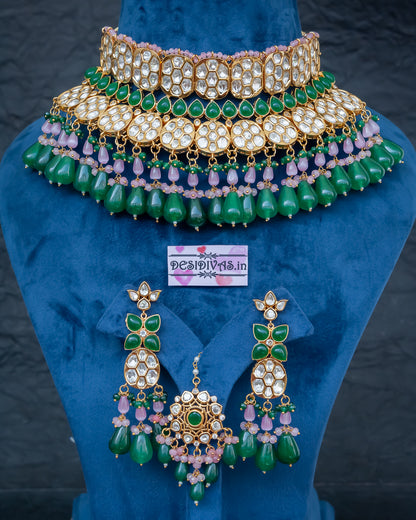 ''Glory'' Tyaani Kundan inspired Polki Moissanite Bridal Chokar Set with Emerald