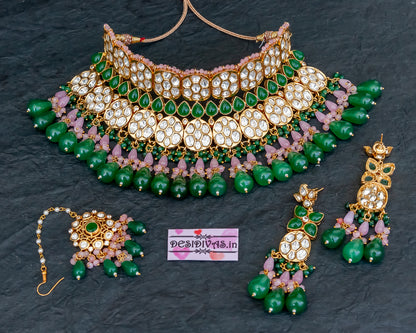 ''Glory'' Tyaani Kundan inspired Polki Moissanite Bridal Chokar Set with Emerald