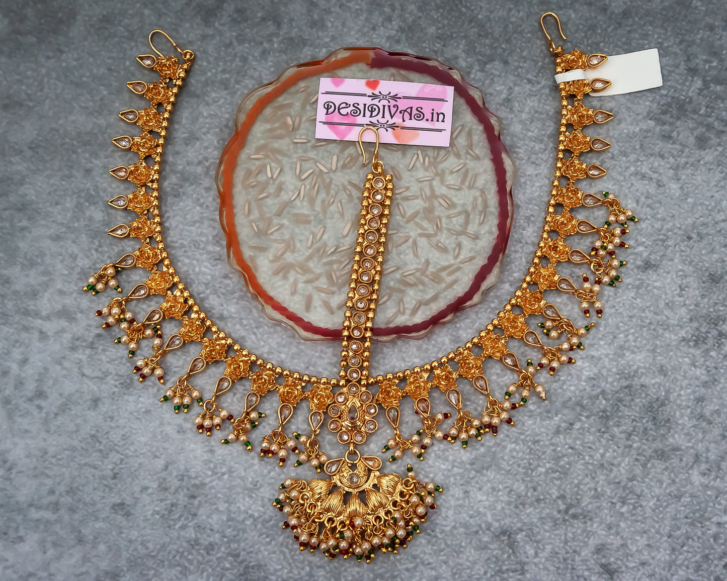 Bridal Gold Polish LCD stone MathaPatti/ Hair Jewellery/ Maang Tikka