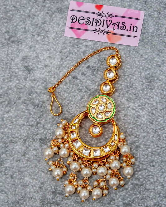 Elegant Kundan Polki Jadau Gold Finish Maang Tikka