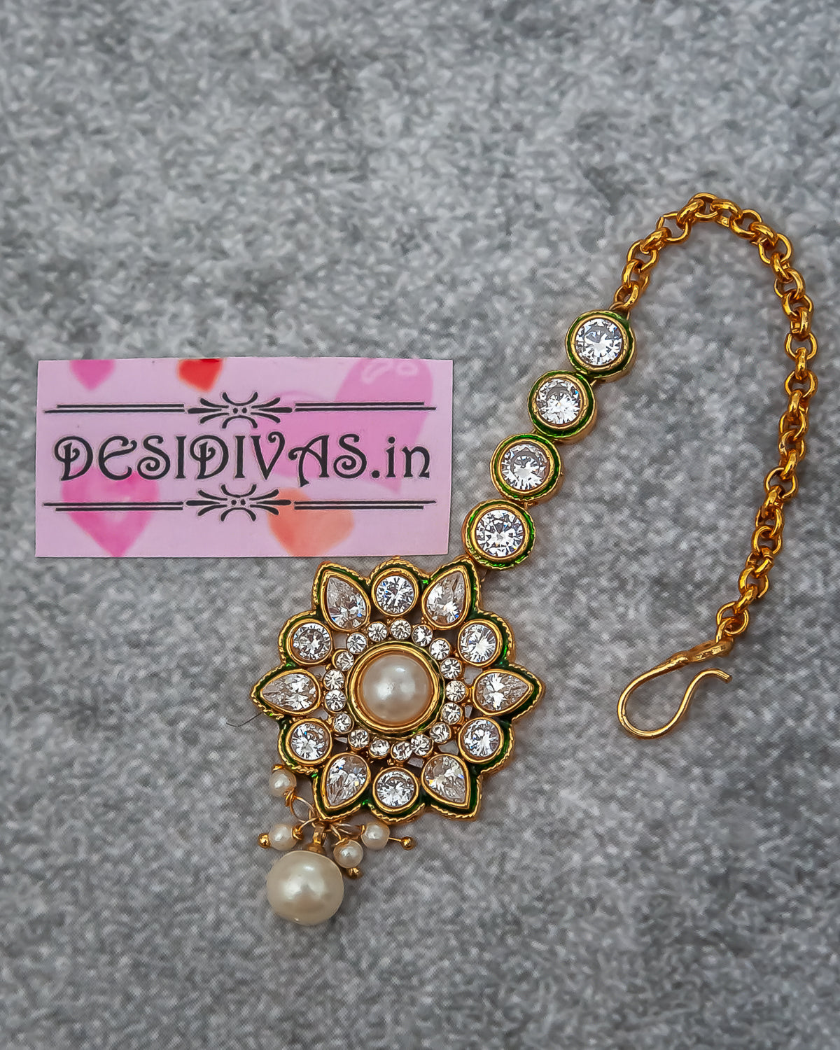 Elegant Diamond Gold Polish Maang Tikka/ Indian Forhead Jewelry