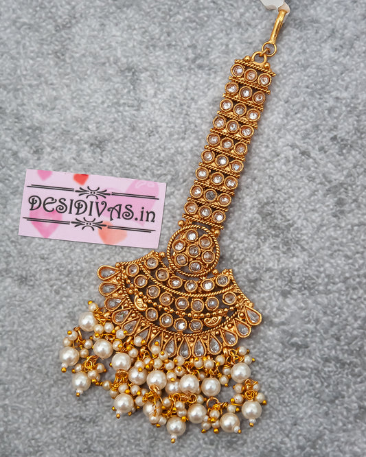 Elegant Diamond Gold Polish Maang Tikka/ Indian Forhead Jewelry